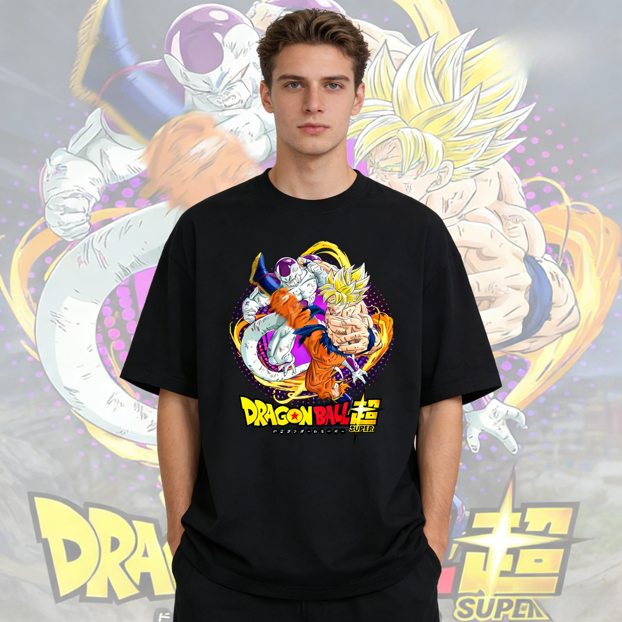 

Футболка оверсайз унисекс из 100% хлопка с принтом Dragon Ball Super Saiyan Goku Frieza, коллекция Лето 2026, высокое качество, уличный стиль