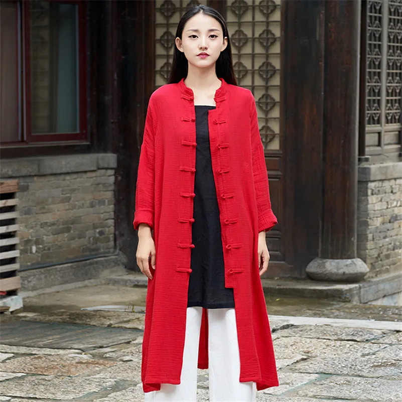 High Quality Women Cotton Thin Cardigan Chinese Style Button Stand Collar Dress Female Solid Dress Vestidos