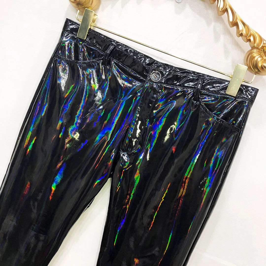 New Colorful Mirror Tight Elastic Leather Pant Men Large Nightclub Versatile Performance Clothes Soft Patent Leather Smooth Sexy