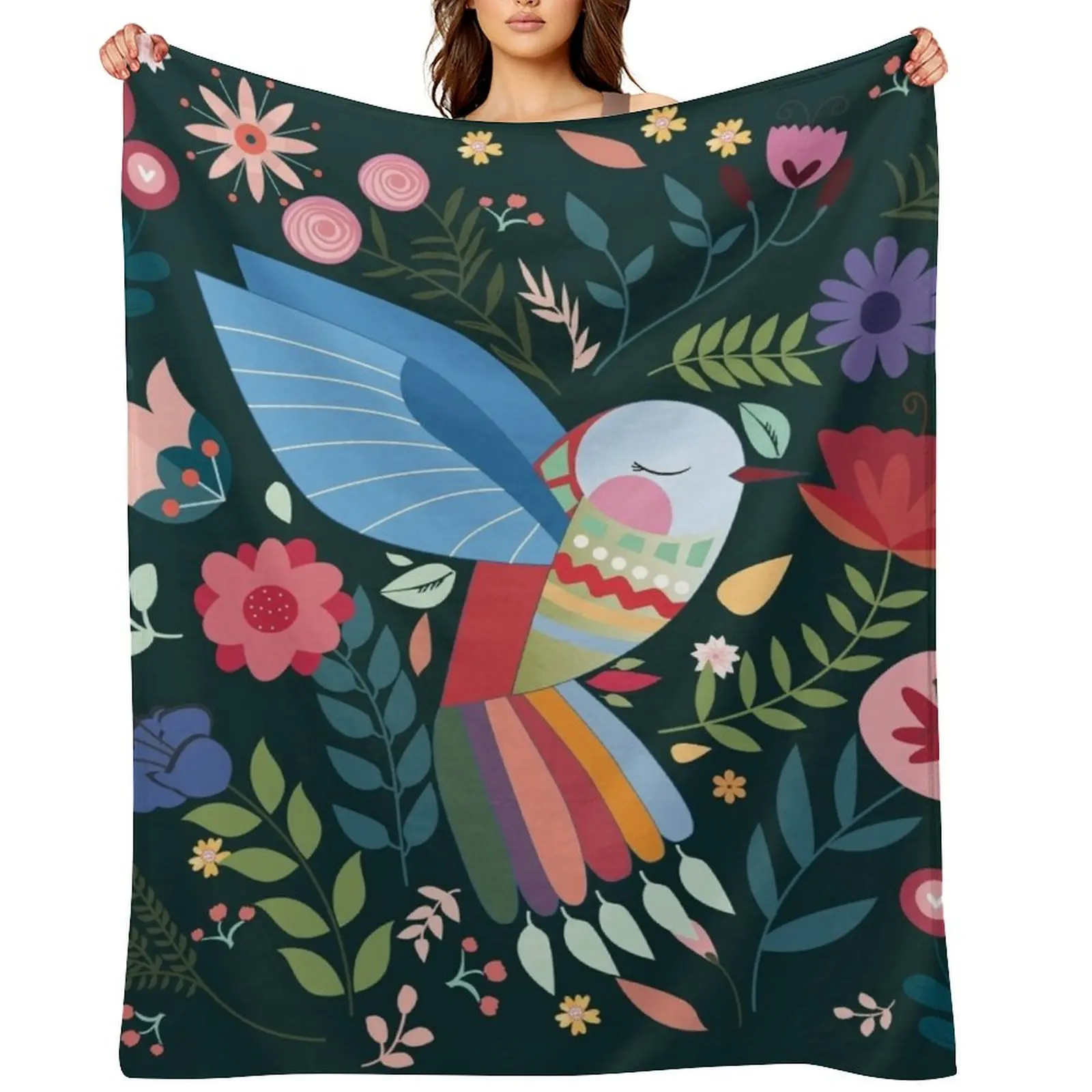

Folk Art Inspired Hummingbird With A Flurry Of Flowers Throw Blanket Warm Soft Big Bed linens Blankets