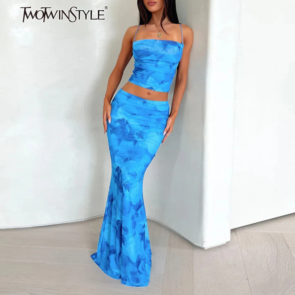 

TWOTWINSTYLE комплект из 2 предметов с цветными блоками для женщин, жилет без рукавов с квадратным вырезом и принтом, утягивающая юбка миди с высокой талией, женская
