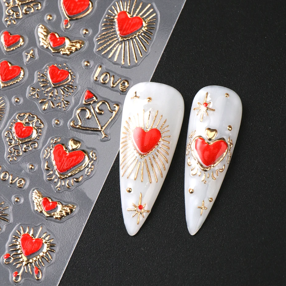 2pcs 3D Heart Sun Star Nail Art Stickers Decals Gold Silver Red Romantic Valentine Adhesive Slider Charms 5D Nail Art Decoration