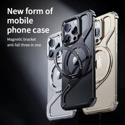 Metal Z Shape Magnetic MagSafe Stand Phone Case For iPhone 13 14 15 16 Pro Max Aluminum Shell Removable Snap-on Rimless Cover