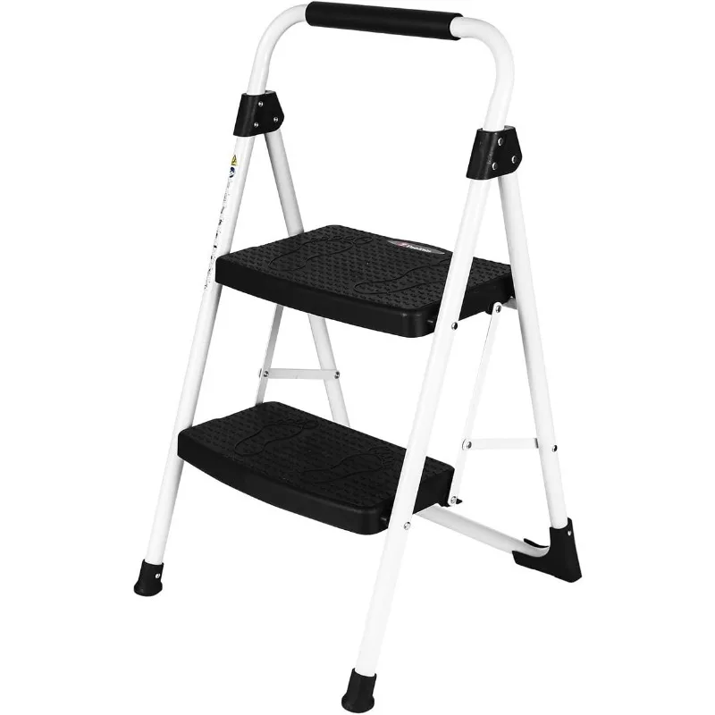 Folding Step Stool com amplo pedal antiderrapante, 2 Step Ladder, 500lbs escada de aço resistente, Handgrip conveniente