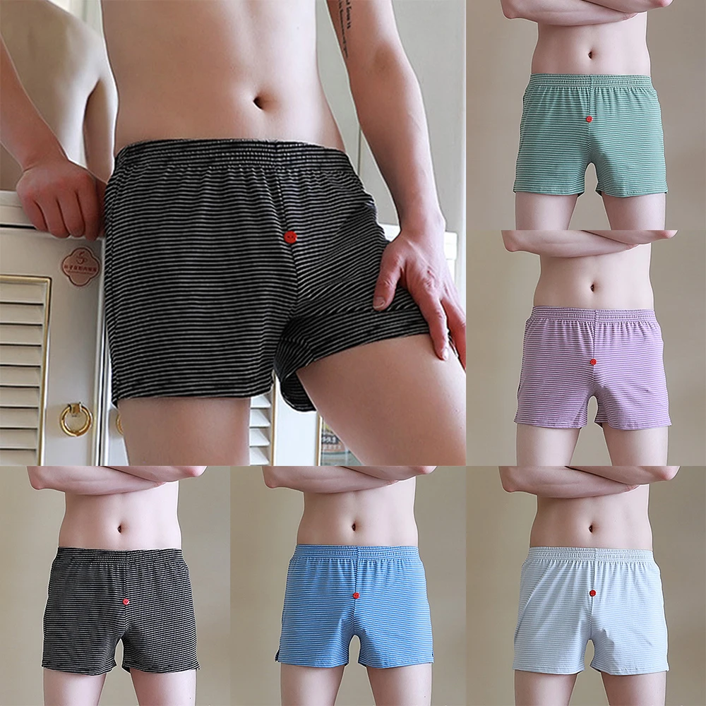 Sexy Mens Stripe Briefs Scrotum Bulge Underwear Shorts Breathable Pouch-Underpants Cotton Flats Sleep Bottoms