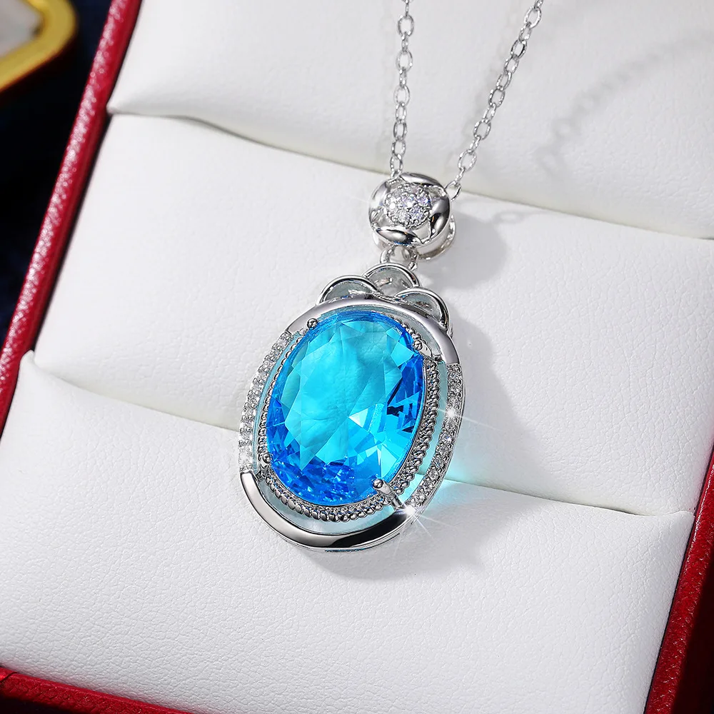 Big topaz Pendant Necklace for Women Full natural gemstone S925 Chain Collar Titanic Heart Of Ocean Blue Love Forever Jewelry