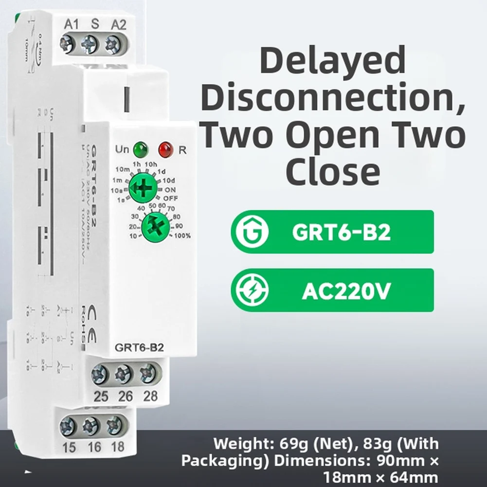 GRT6-B2 Delay OFF Timer Relay Single Function 2CO+2NO Contacts 0.1s to 10 Days Range DIN Rail Mountable Gray Housing