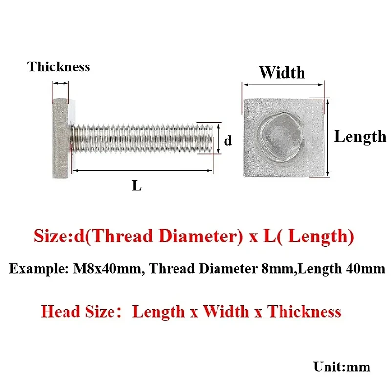 2pcs T Shape Type Rectangle Hammer Head Bolt Screw M6 M8 M10 304 Stainless Steel T-Slot Chute Rail Track Screw Welding Bolt