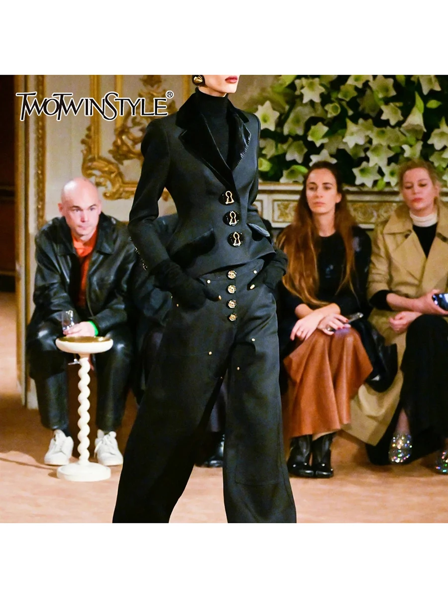 

TWOTWINSTYLE однотонные комплекты из двух предметов для женщин, куртка с длинными рукавами и лацканами, широкие брюки с высокой талией, модный комплект женский