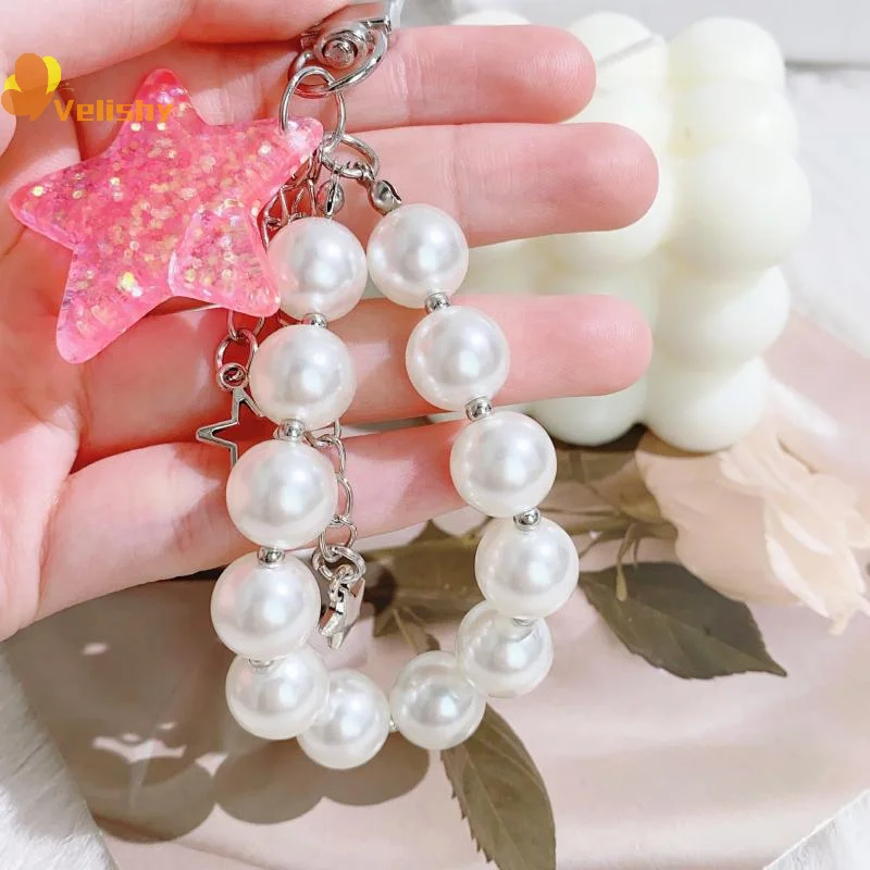 Kawaii الكرتون ستار سلسلة هواتف محمولة اللؤلؤ مطرز المفاتيح حقيبة أنيقة سحر الأزياء قلادة المفاتيح ظهره الديكور الهدايا