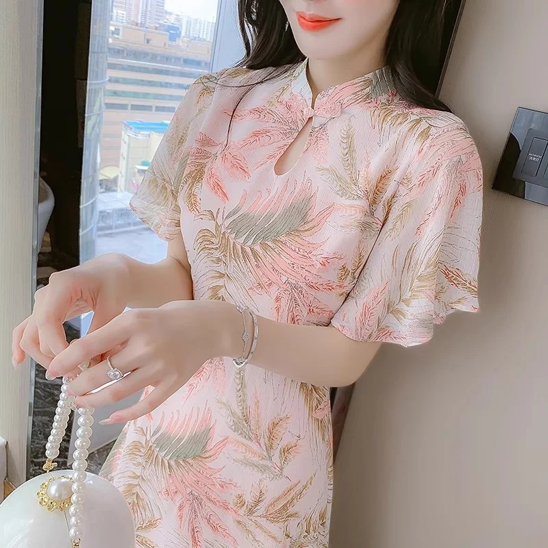 Improved Cheongsam Chiffon Dress For Women Summer Wear 2025 Fashion Design Slim Temperament Elegant Dress W123