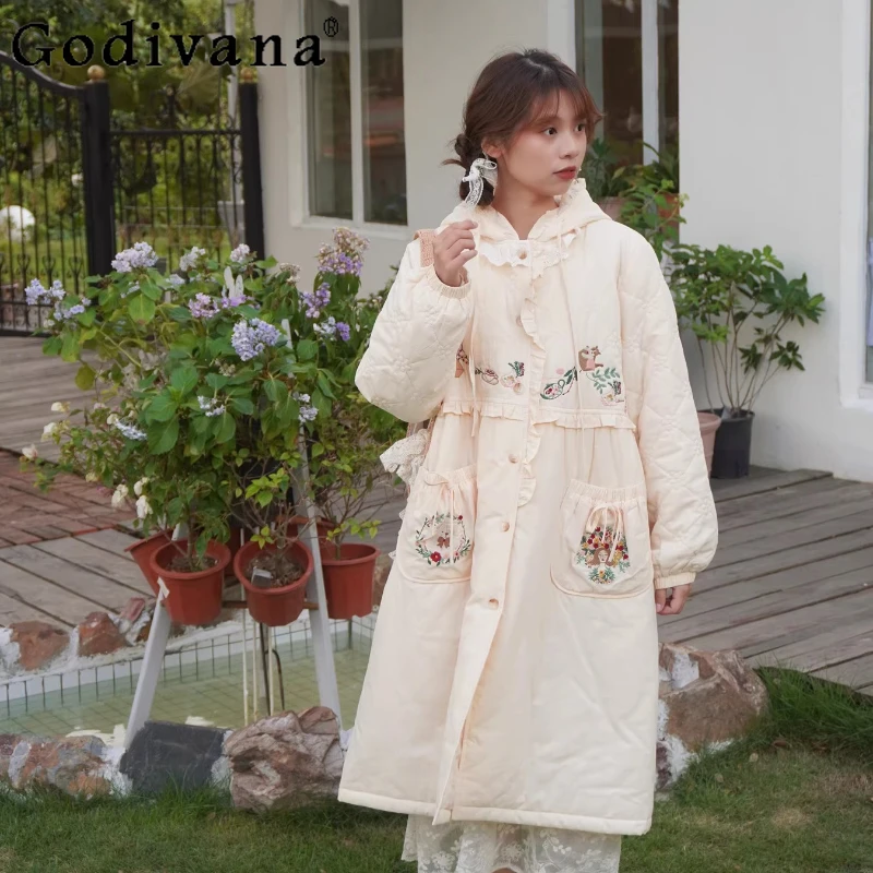 

Mori Girls Winter Lolita Long Parkas Original Japanese Cute Girl Sweet Bow Embroidery Hooded Overcoat Women's Retro Down Parka