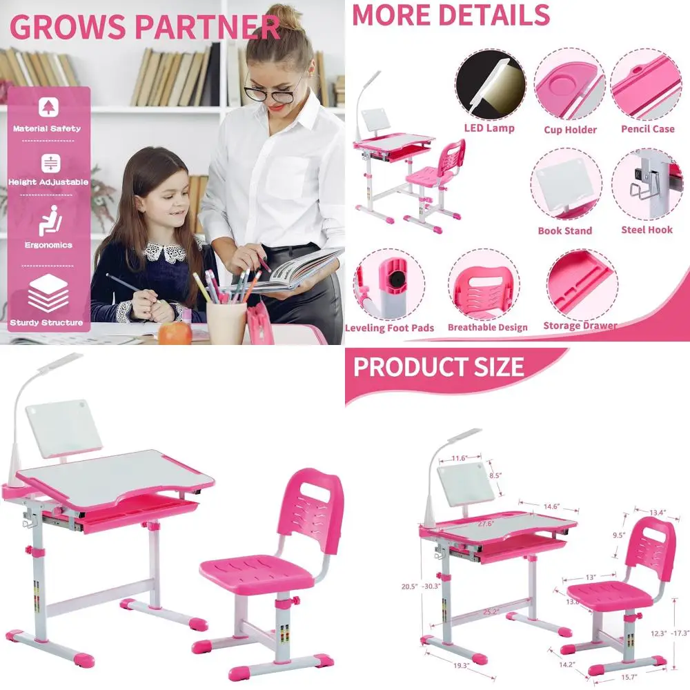 

Эргономичный регулируемый комплект детской мебели (стол и стул) с LED-подсветкой, местом для хранения и подставкой для книг для учебы (розовый)