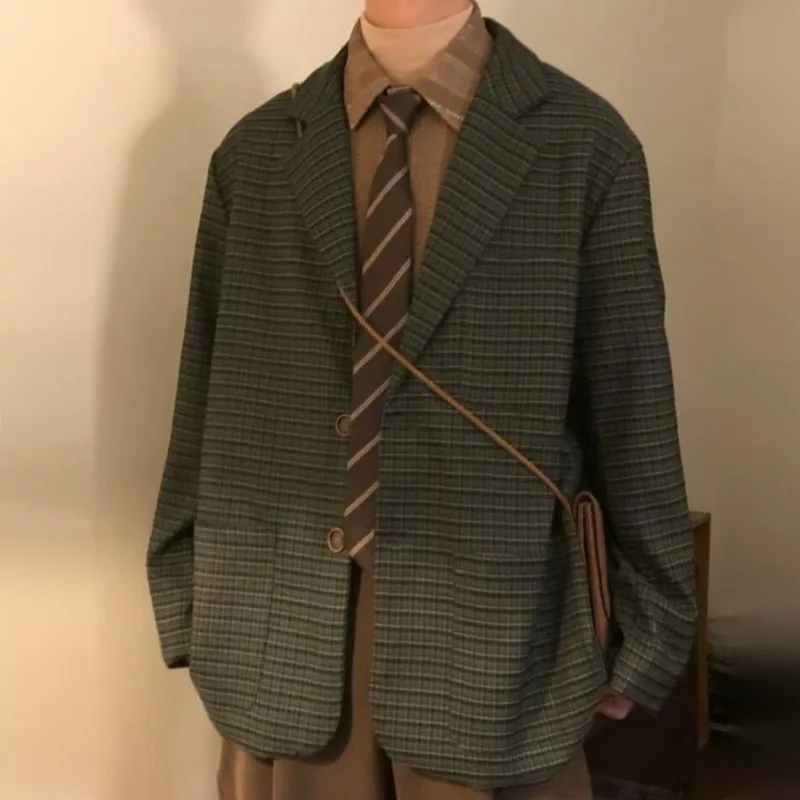 Artistic Autumn Winter New Men Tide Turn-Down Collar Plaid Trendy Suit Coats Niche Chic Casual Long Sleeve Blazer Ins Y2K W15552