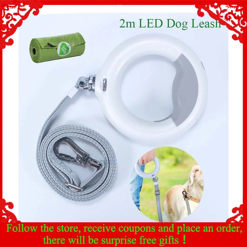 

2m Dog Leash LED Flashlight Automatic Retractable Dog Collar Strong Nylon Roulette Tow Extending Dog Leash Rope with Poop Bags