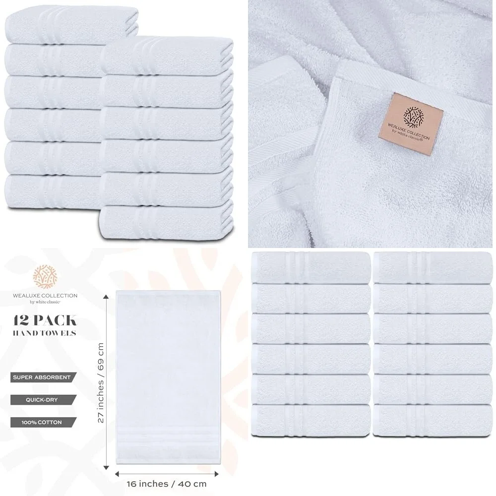 

towelSoft Cotton Hand Towels 16x27 Inch Absorbent Bathroom Towels for Home Hotel Kitchen Washcloths 12 Pack White