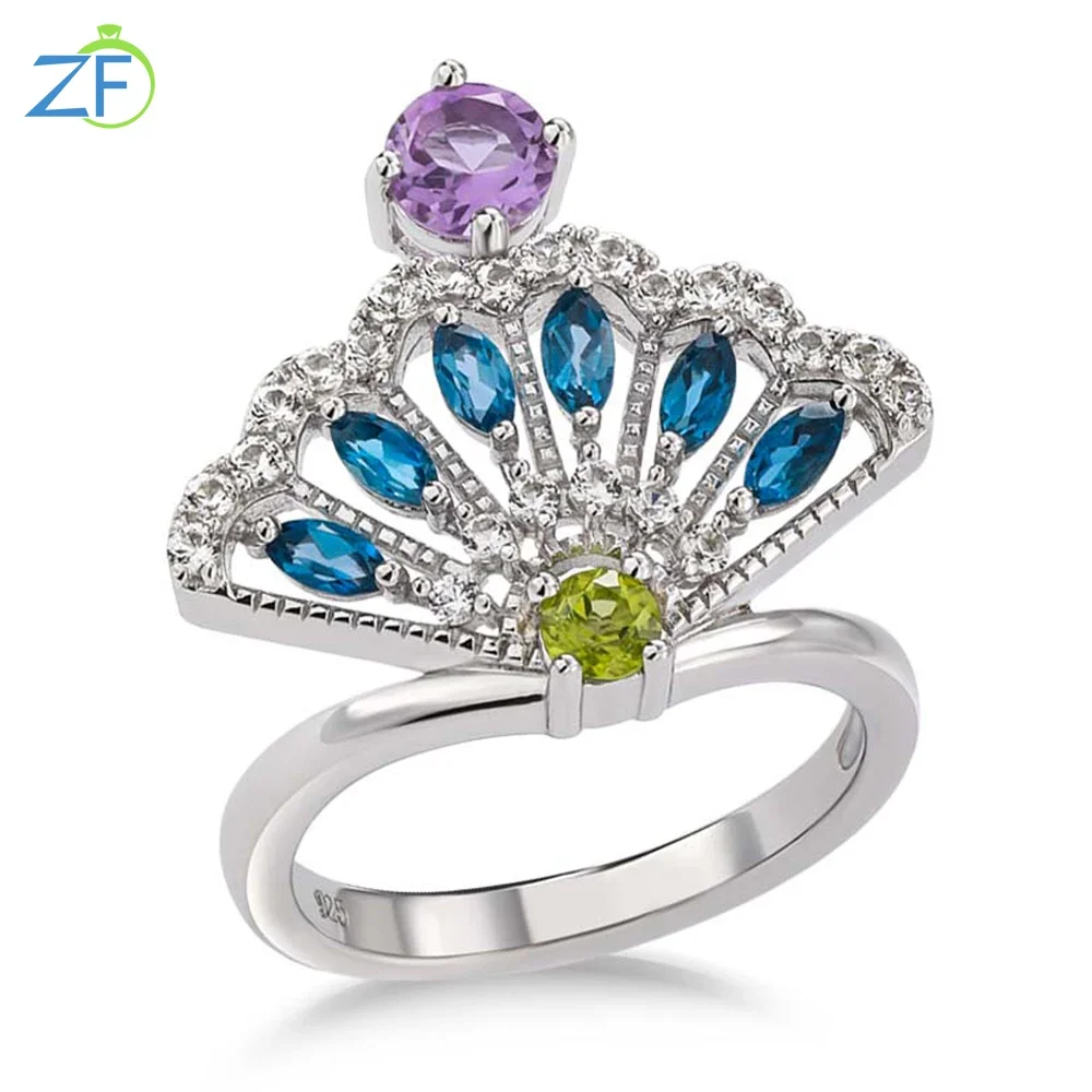 

GZ ZONGFA Original 925 Sterling Silve Fan Rings for Women Luxury Natural Amethyst Peridot Topaz 1.2ct Mixed Gems Fine Jewelry