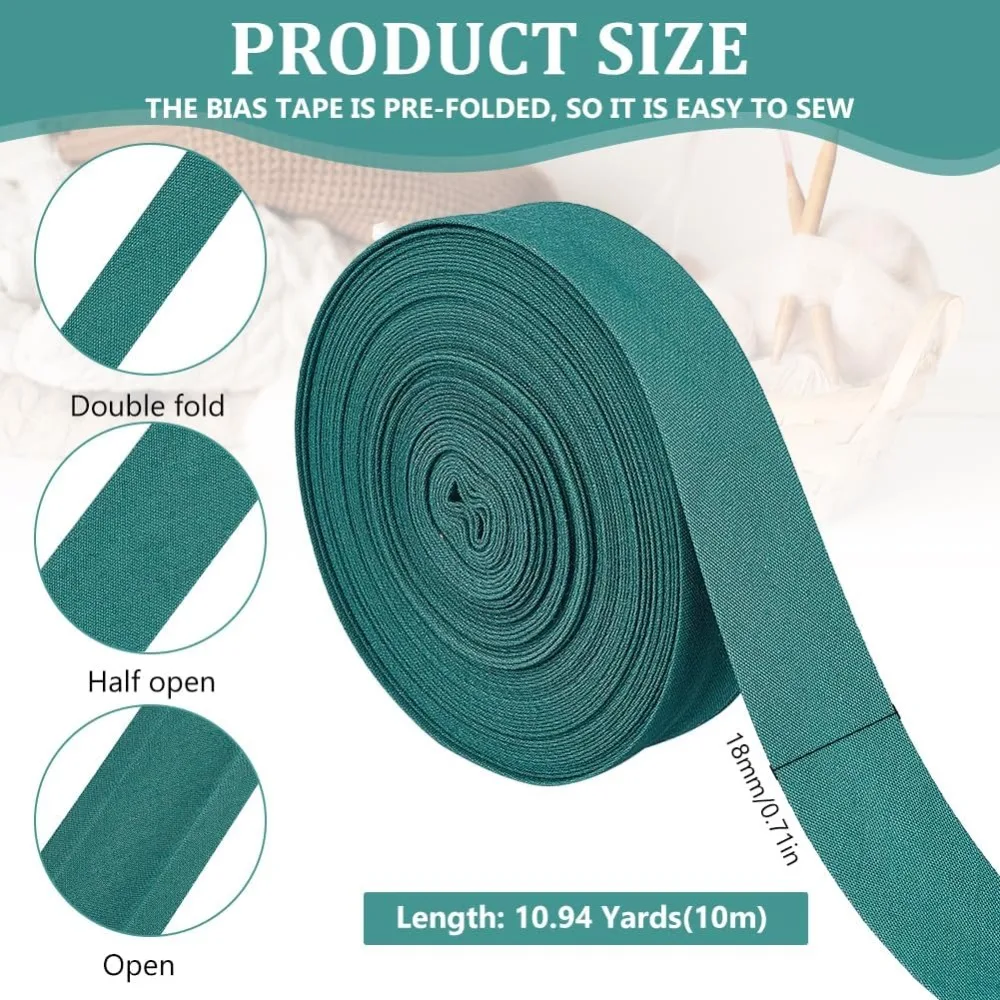 10.9 Yards Single Fold Bias Tape 3/4 inch(18mm) Wide Green Polycotton Bias Binding Tape Hemming Ribbon for DIY Garment Sewing