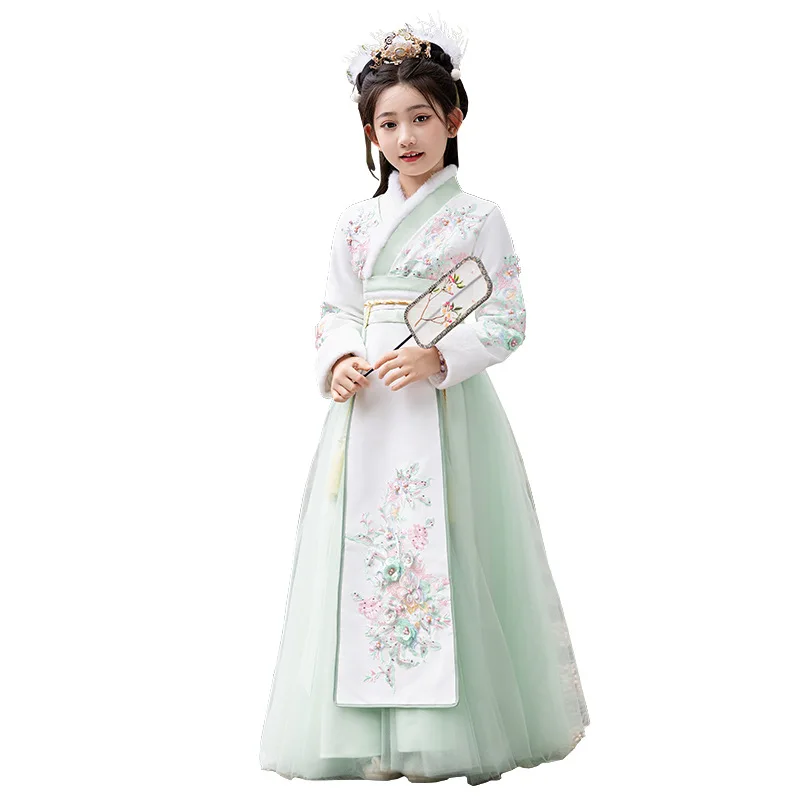 Girls Fairy Hanfu With Cloak Children Winter Warm Embroider Tang Suit Dress Kids Chinese New Year's Clothing Baby Birthday Gift