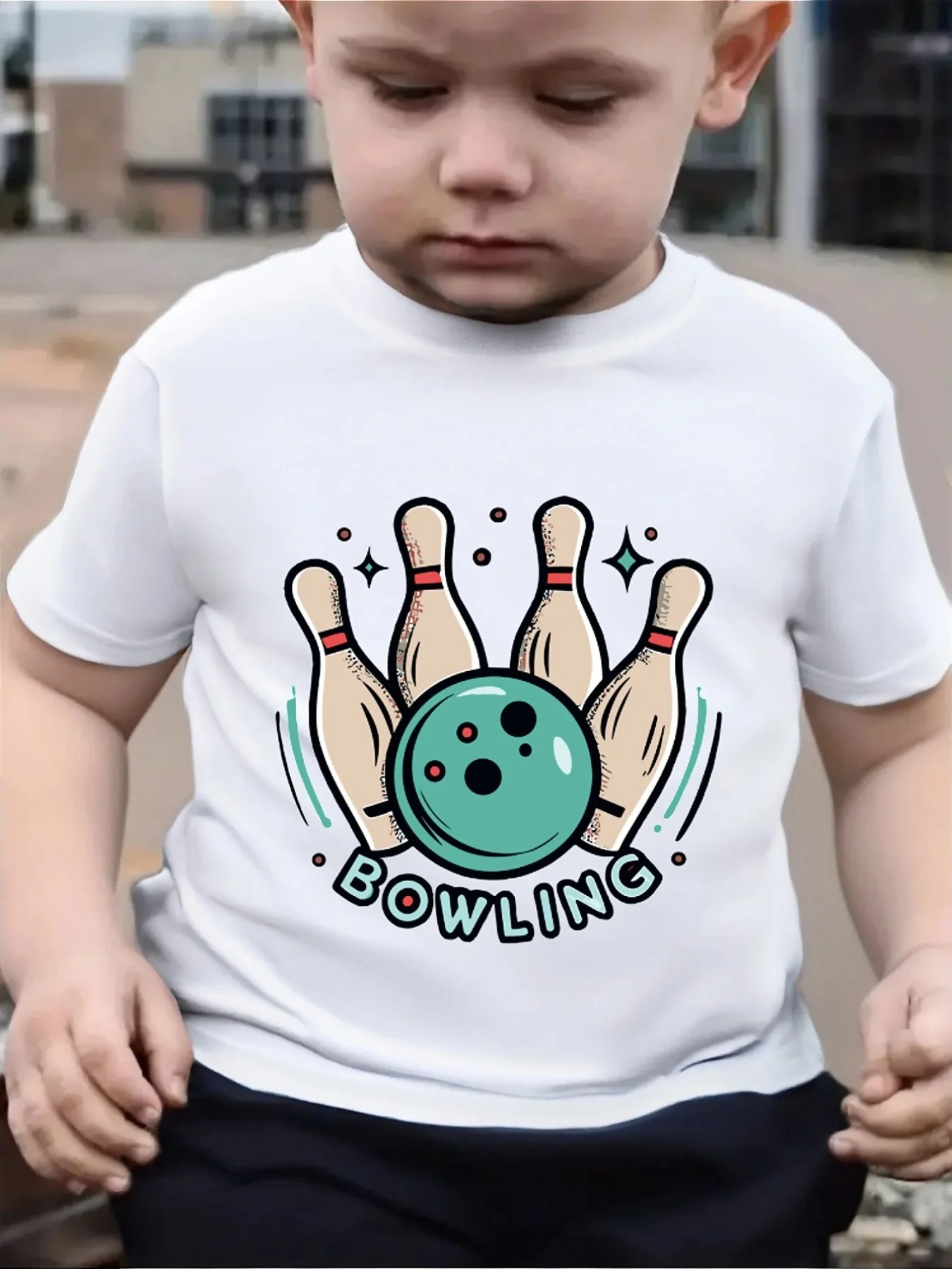 Cute Bowling Ball And Pins Print Family Matching T Shirt Boys Girls Short Sleeve Parent Child Soft Cotton Casual Daily Wear Tops