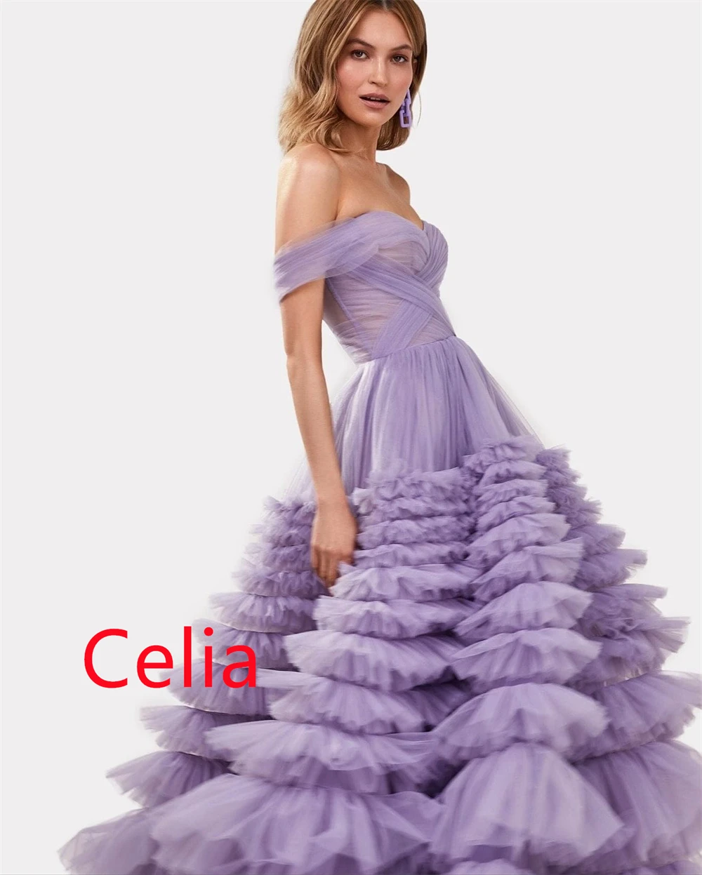 Customized High Quality Tulle Evening Dresses Exquisite Off the Shoulder Celebrity Gowns Fashion Sweep Train Party Gowns