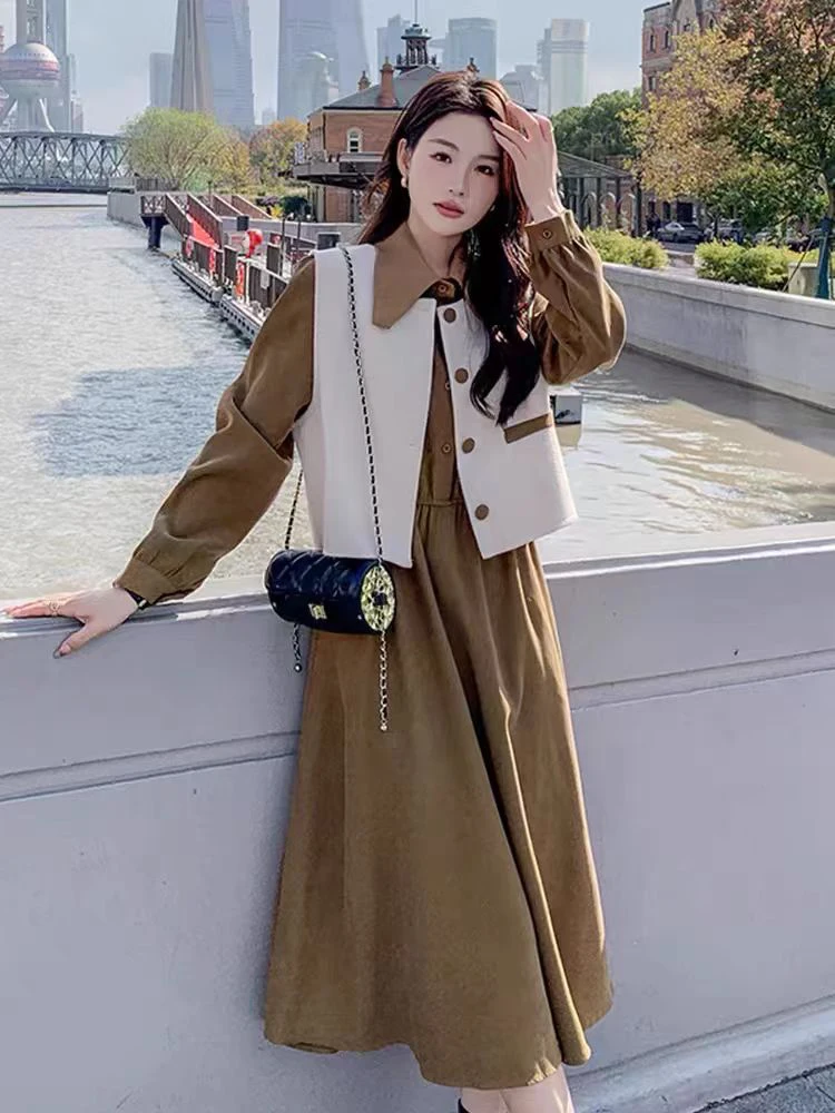 Spring Autumn Women's  Collar Vest Dress Set Coffee Color Gentle Wind High End Jacket Skirt Tea Break Two Piece Suit