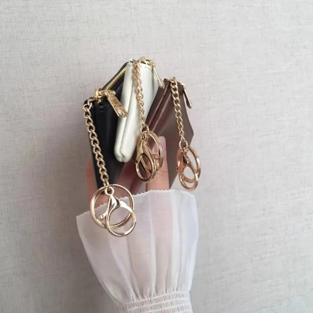 Fashion PU Leather Mini Coin Purse Solid Color Thin Small Zipper Bag with Metal Chain Keyring Key Bag