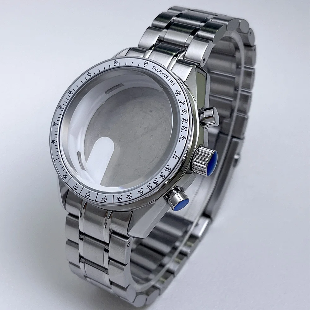 Das 39,7mm VK63 Uhrengehäuse ist Silber-Weiß und Blau-Schwarz, mit silberbeschichtetem Glas und VK63 Quarz-Chronograph-Armband. – Detail 9