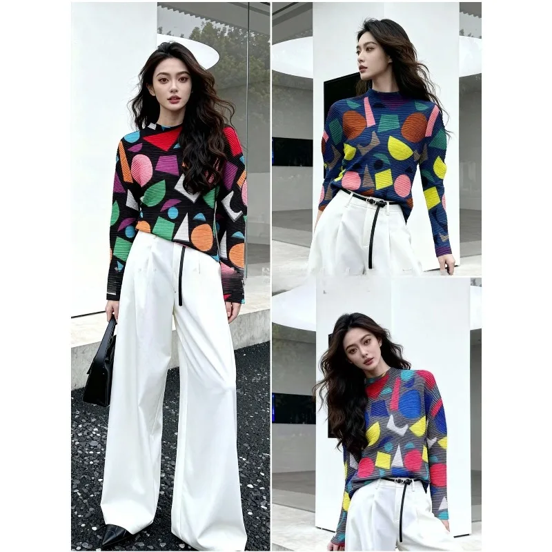 

Miyake Pleated 2026 Fall and Winter New Geometric Print Bottoming Shirt Corn Grain Pleated Slim Casual T-shirt Tops Pleated