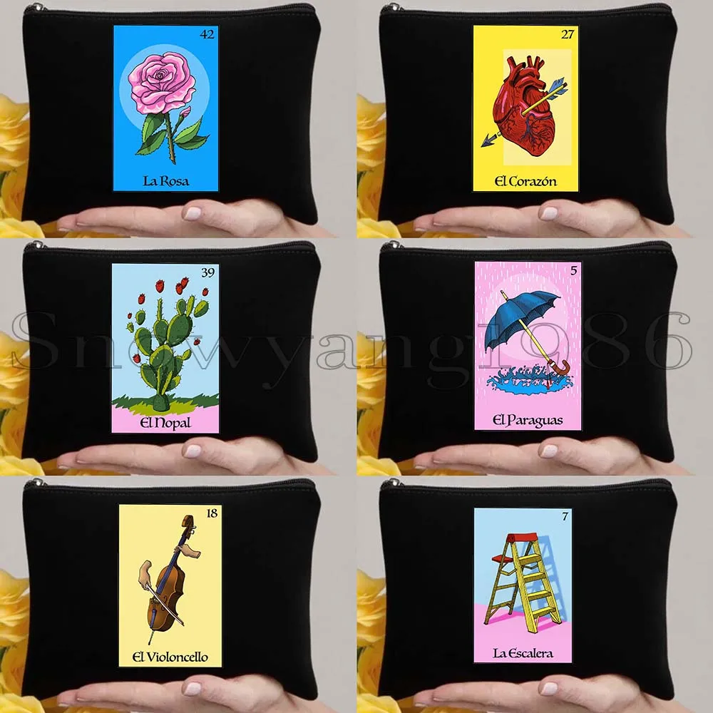 6 piezas de estuche/bolsa de lona con diseño de estrella azteca, sombrilla, sandía, rosa, Lotería Mexicana y Bingo, para cosméticos, maquillaje, artículos de aseo y lápices