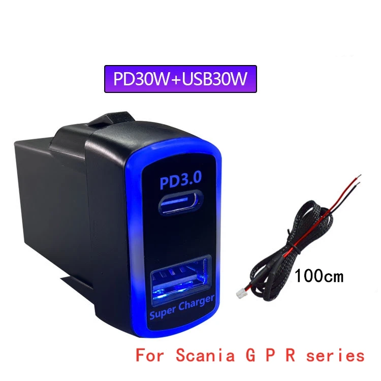 QC3.0 2x30w PD USB Car Quick Charger TYPE-C USB Power for Smart phone Ipad Iphone Use for Scania truck G P R Series