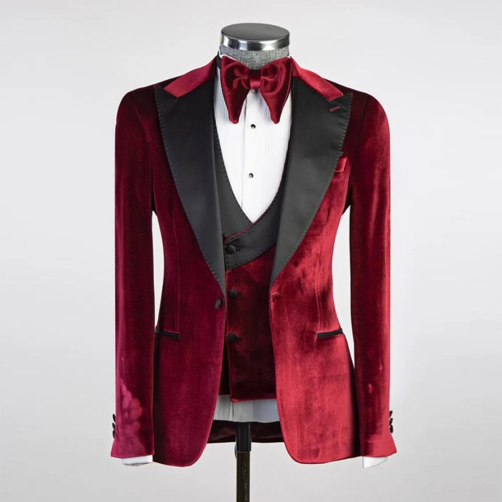 

Elegant Wedding Suits For Men Formal Groom Tuxedos Black Notched Lapel Burgundy Velvet Jacket Vest Pants 3 Pieces Male Clothing