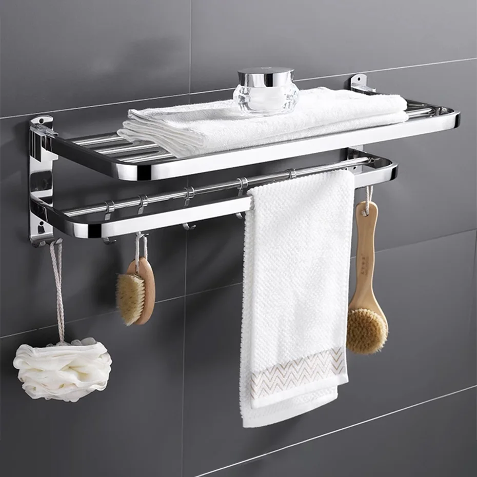 

Stainless Steel Towel Rack Foldable No Punch Shower Clothes Shelf Self Adhesive Bath Tower Hanger Bar with Hook Bathroom Storage