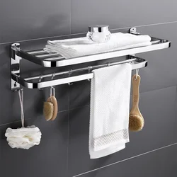 Stainless Steel Towel Rack Foldable No Punch Shower Clothes Shelf Self Adhesive Bath Tower Hanger Bar with Hook Bathroom Storage