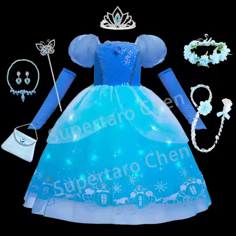 Girls Cinderella Dress Haloween Cosplay Costume with LED Lights Princess Accessories Kids Birthday Party Christmas Evening Dress