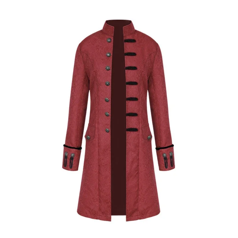 Medieval Renaissance Jacket Cosplay Costume Men Dark Red Victoria Steampunk Trench Coat Frock Outwear Vintage Prince Overcoat