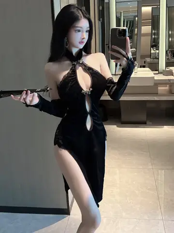 Summer Sexy Black Gauze Splicing Backless High Slit Cheongsam Style Deep V-shaped Hollow Out Lace Goose Down Dress Elegant VGZG