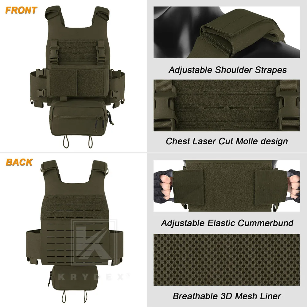 KRYDEX FCS Tactical Molle Vest Low Vis Slick Plate Carrier Elastic Cummerbund Micro Fight MK3 Chassis Drop SACK Pouch Men Vest