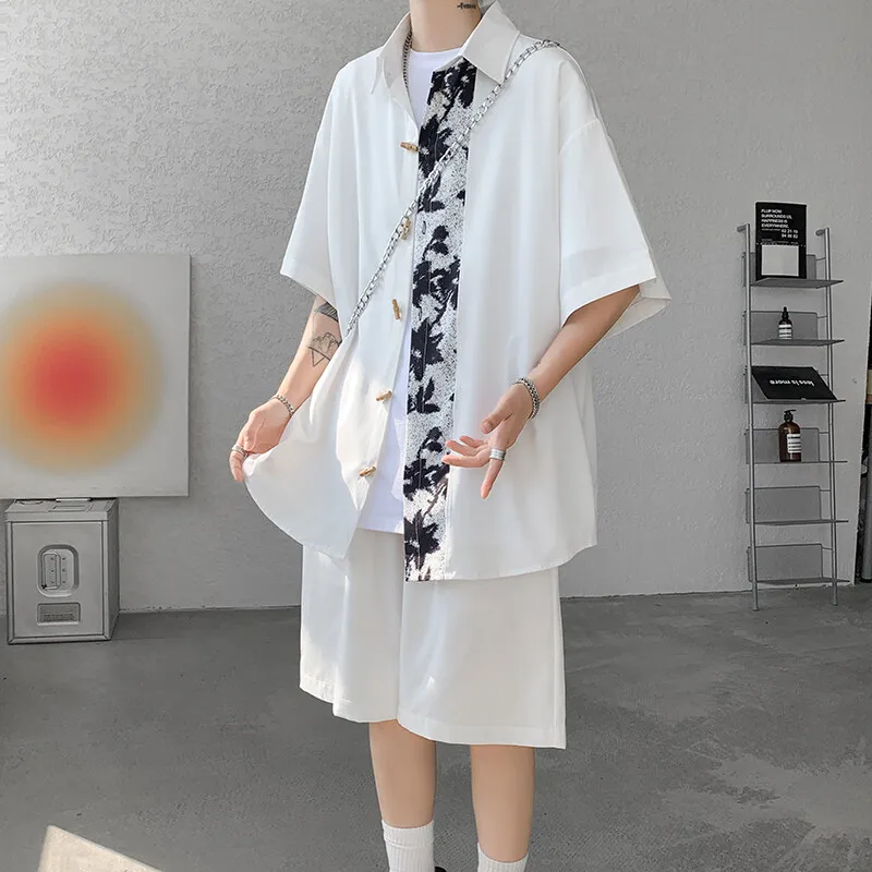 

Men's Plus Size Summer Print Patchwork Shirt & Elastic Waist Shorts Set - Trendy Oversized 2-Piece Outfit, Breathable Streetwear