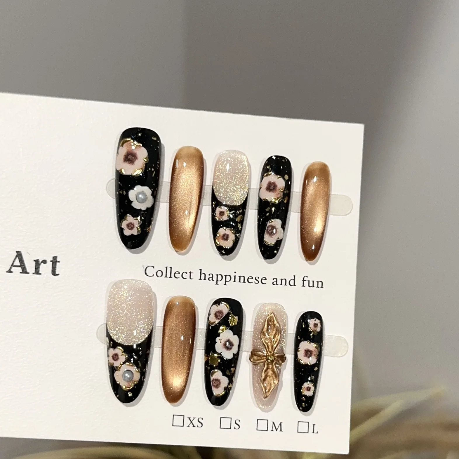 

10pcs Black Gold Flower Cat Eye Fake Nails Dark Color False Nails Handmade French Press on Nail Hand Painted Flower Nail Press