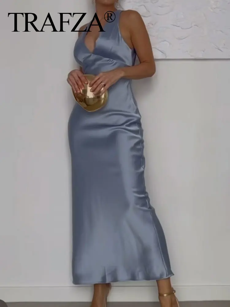 TRAF-Robe de Soirée en Satin pour Femme, Col en V, Dos Croisé, Ajourée, Chic, Sexy, Fermeture Éclair, Été
