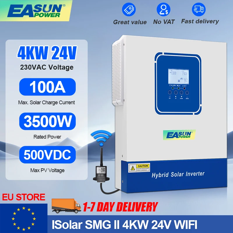 ‌EASUN 4KW 3.2KW 24V Hybrid Solar Inverter MPPT Off-Grid 6.2KW 48V 230V 2KW MAX 500VDC Pure Sine Wave WiFi Lithium BMS Support