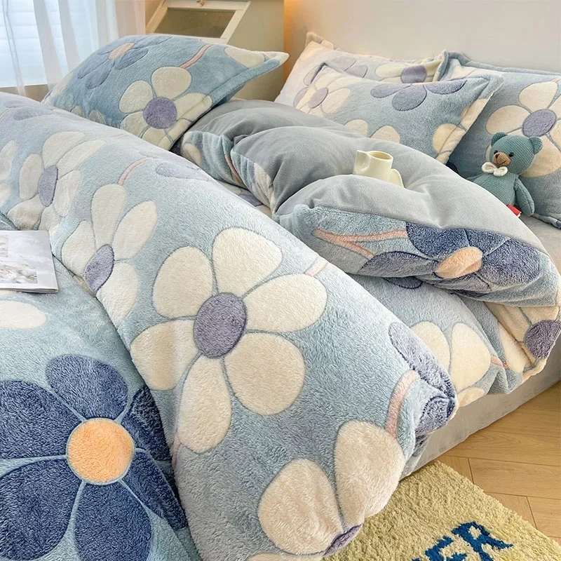 New Cartoon Flower Pattern Quilt Cover Autumn Winter Dormitory Single Bed Sheets Wear Resistant Machine Washable Bedding 4 Pcs
