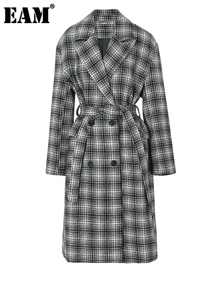 [EAM] Loose Fit Black Plaid Belted Big Size Long Woolen Coat Parkas New Long Sleeve Women Fashion Autumn Winter 2025 1DF3283