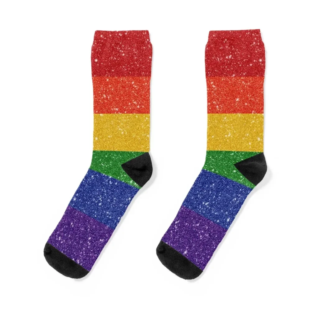 Faux Glitter LGBTQ Pride Rainbow Flag Background Socks luxe Novelties anti slip football Luxury Woman Socks Men's