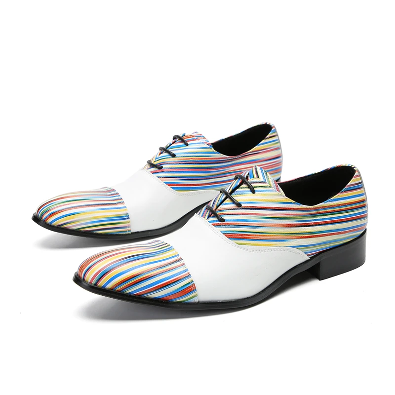 

New Real Leather Shoes Men Pointed Toe Height Increased Men Shoes Mixed Striped Color Leather White Wedding Shoes for Men