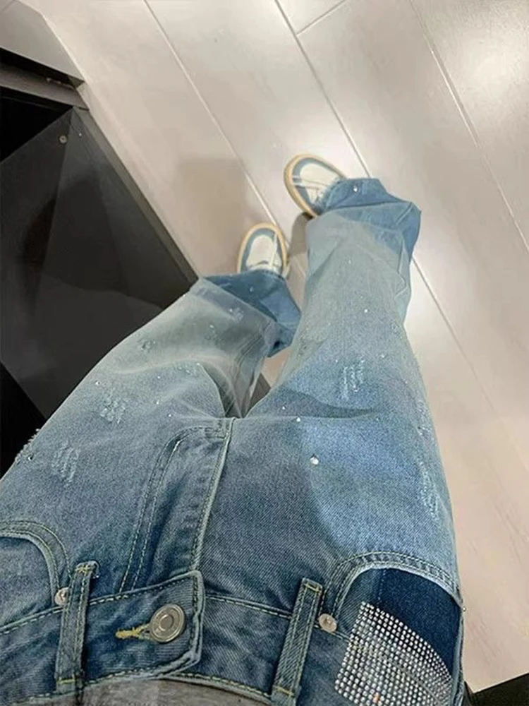 여성 한국 스타일 하이웨이스트 라인스톤 스트레이트 레그 진 레트로 슬림핏 스트레치 데님 팬츠 가을 스트릿웨어