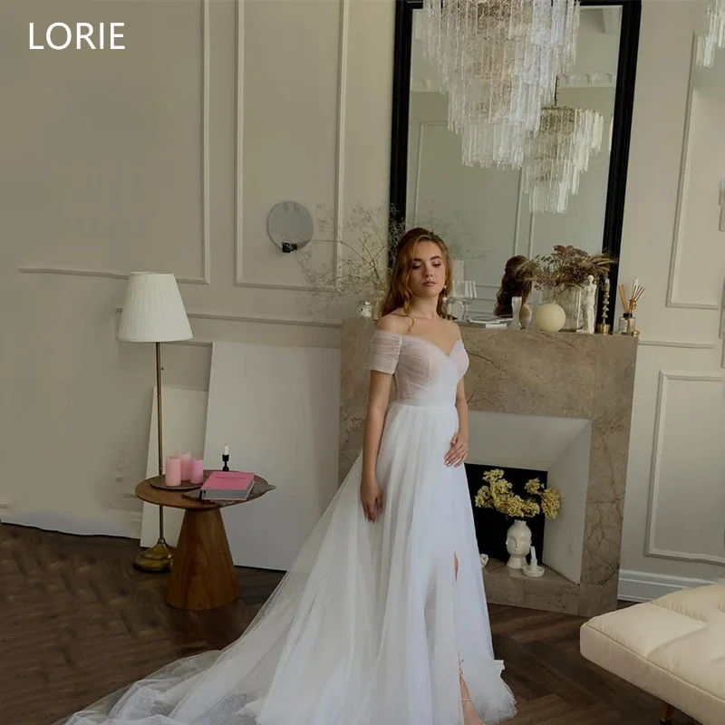 

LORIE A-Line Tulle Wedding Dresses Off Shoulder Bride Prom Gown Short Sleeve Floor-Length Draped Bridal Gown 2025 Customized