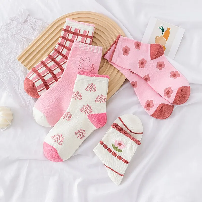 5 Pairs Pink Flower Knit Warm Childrens Socks For Girls Socks Kids Womens Cute Cartoon Medium Stockings