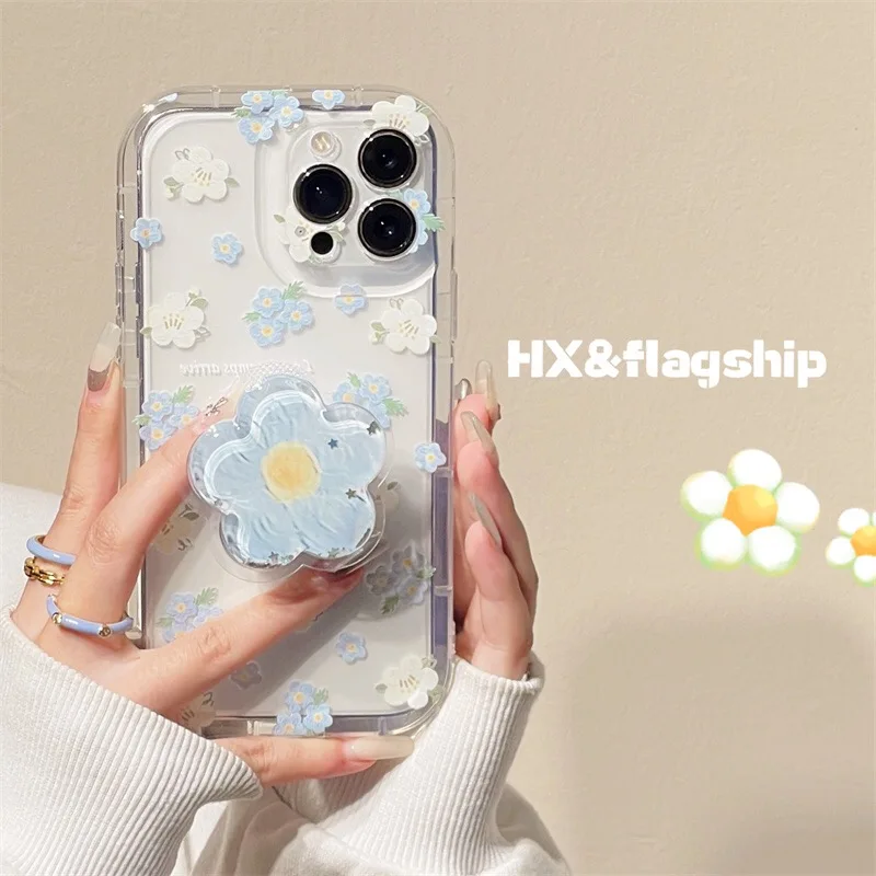 Fresh Flower Quicksand Grip Tok Holder TPU Soft Phone Case for iPhone 15 14 Pro Max 12 Mini 13 11 Pro X XS max XR 7 8 Plus SE